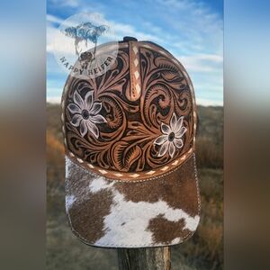 Western Cowhide And Handtooled Leather Cap
